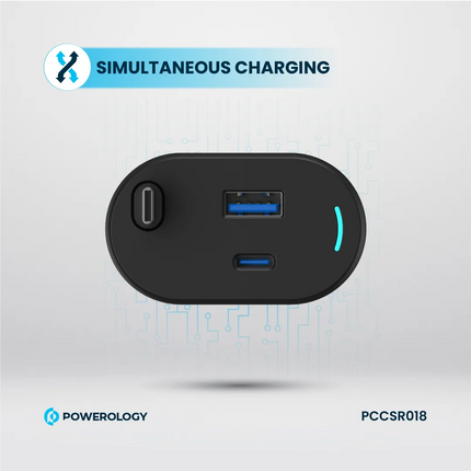 Black USB charging hub with two ports on a light gray background, featuring Powerology branding.