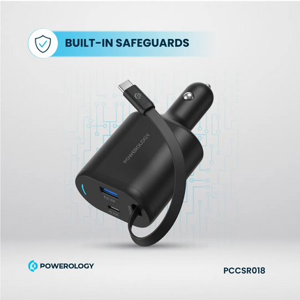Black car charger with USB ports on a light gray background, featuring Powerology branding.