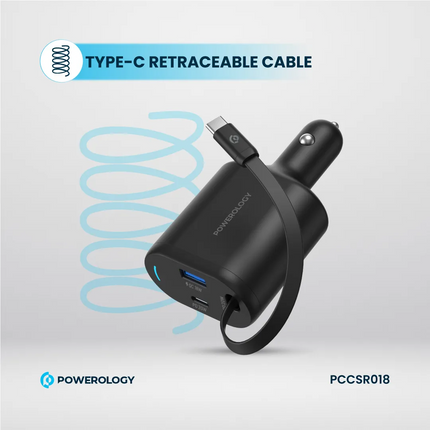 Black car charger with Type-C retraceable cable on a light gray background, featuring Powerology branding.