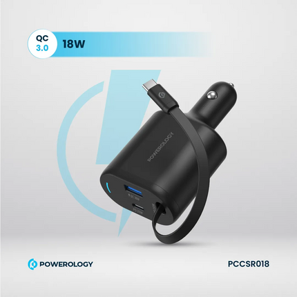 Black power adapter with USB-C and USB-A ports on a light gray background, featuring Powerology branding.