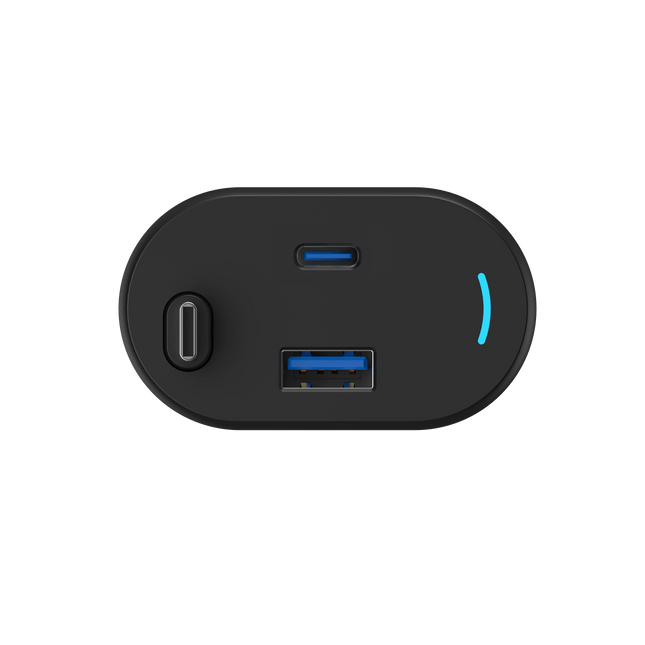 Black USB hub with two ports on a white background