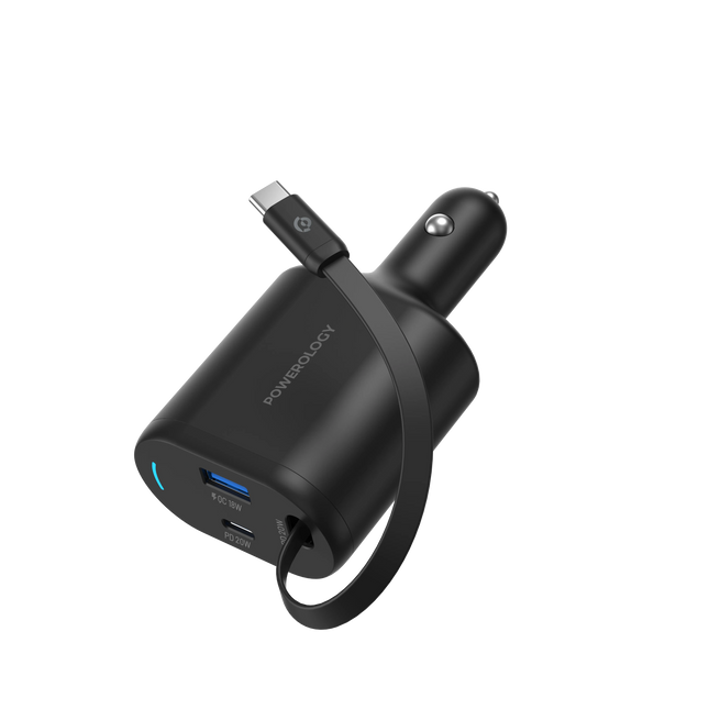 Black multi-port charger with USB-C and USB-A ports on a white background