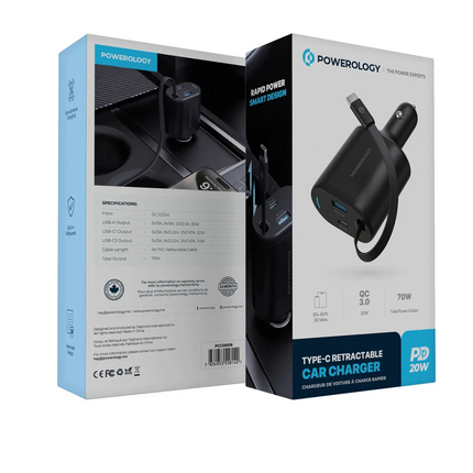 Powerology Type-C retractable car charger packaging on a white background