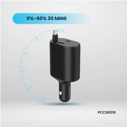 Black car charger with charging speed indicator on a light gray background