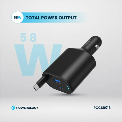 Black car charger with 58W total power output on a light gray background, featuring Powerology branding.