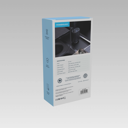 Product packaging box with a blue and white design on a gray background