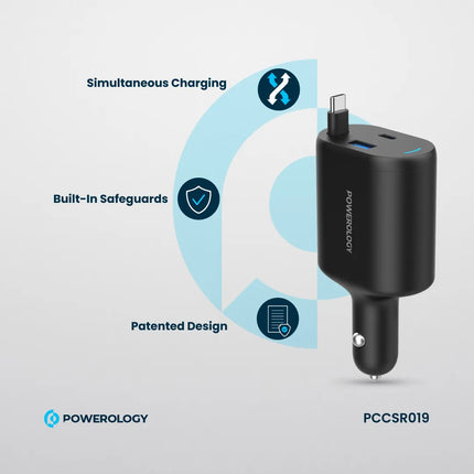 Powerology Dual Ports Car Charger with Type-C Extendable Cable – 1m – Black