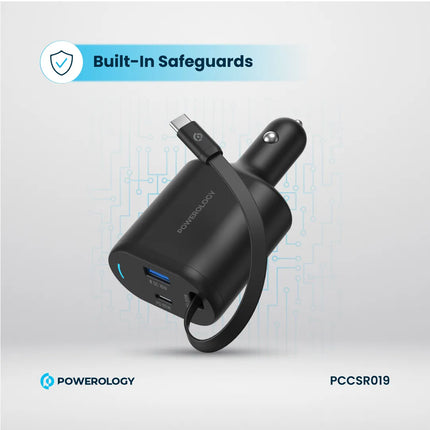 Powerology Dual Ports Car Charger with Type-C Extendable Cable – 1m – Black