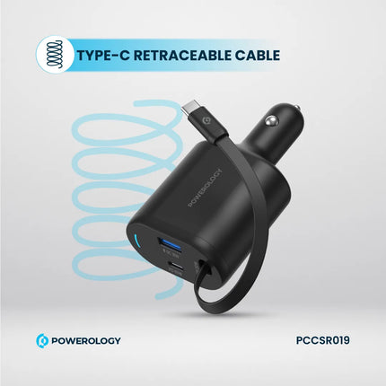 Powerology Dual Ports Car Charger with Type-C Extendable Cable – 1m – Black