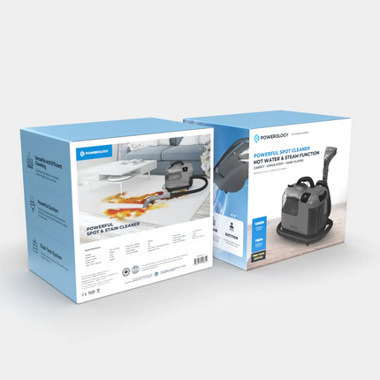 Powerology spot and steam cleaner packaging on a white background