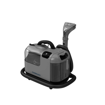 Gray steam cleaner with hose on a white background