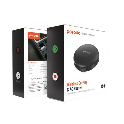Porodo wireless CarPlay & 4G router packaging on a white background