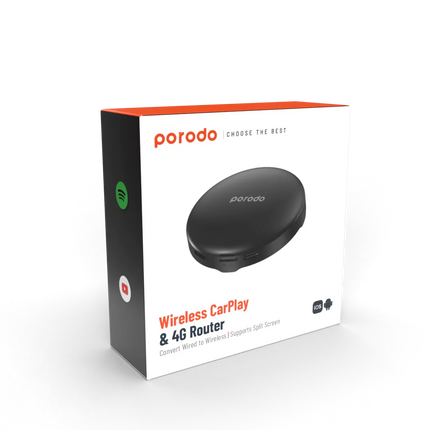 Porodo wireless car play and 4G router packaging on a white background