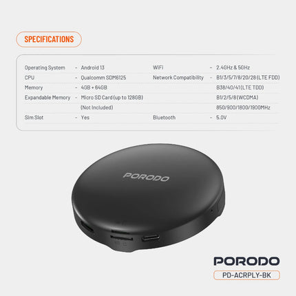 Black device with PORODO branding on a white background, featuring specifications.