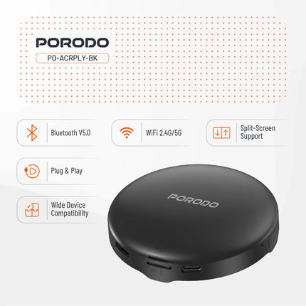 PORODO device with features listed on a white background