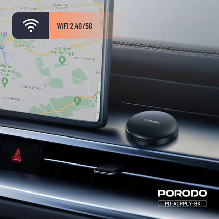 PORODO car air vent mount with smartphone displaying map on a car dashboard.
