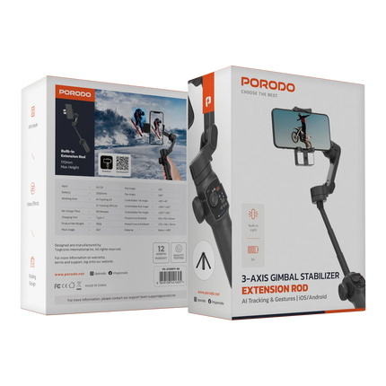 Introducing the Porodo 3-Axis Gimbal Stabilizer, where modern science and creative videography meet. Get fluid dynamic photos with powerful AI trackin