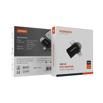 Porodo 3-in-1 OTG Adapter is a one-stop, space-efficient adapter meant for seamless data exchange among multiple devices. With USB 3.0, Type-C, and Li