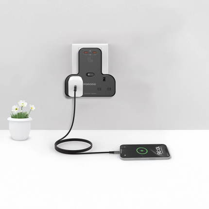 The Porodo Multi-Port Wall Socket is powerful and multi-capable for charging multiple devices simultaneously. Fitted with a rated voltage of 250V, a c