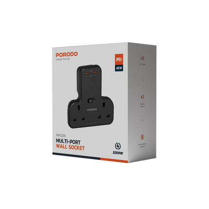 The Porodo Multi-Port Wall Socket is powerful and multi-capable for charging multiple devices simultaneously. Fitted with a rated voltage of 250V, a c