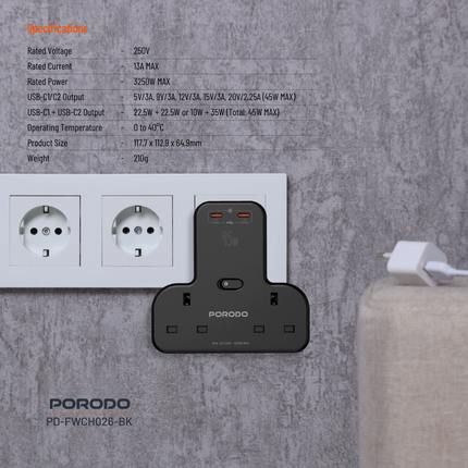 The Porodo Multi-Port Wall Socket is powerful and multi-capable for charging multiple devices simultaneously. Fitted with a rated voltage of 250V, a c