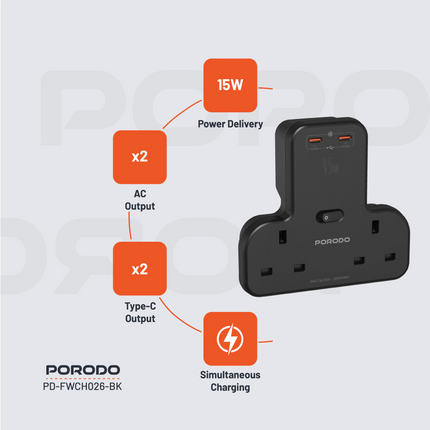 The Porodo Multi-Port Wall Socket is powerful and multi-capable for charging multiple devices simultaneously. Fitted with a rated voltage of 250V, a c