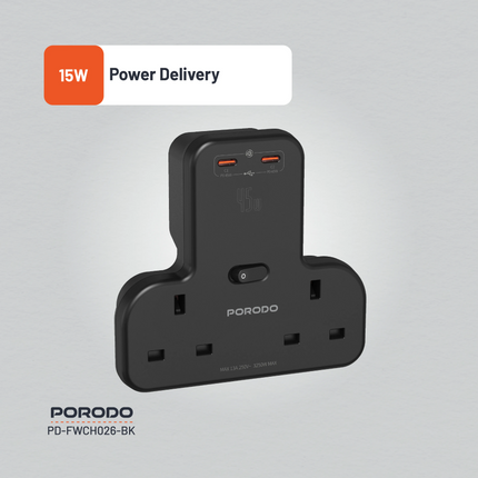 The Porodo Multi-Port Wall Socket is powerful and multi-capable for charging multiple devices simultaneously. Fitted with a rated voltage of 250V, a c