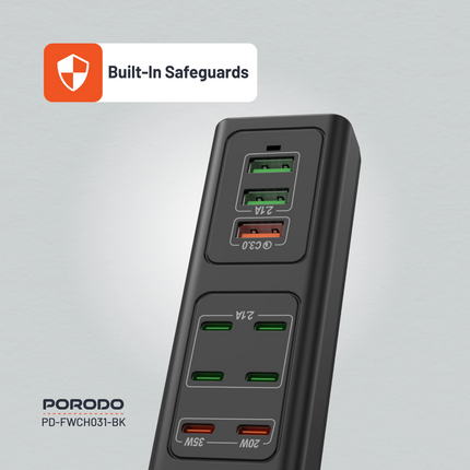 The Porodo 85W Multi-Port USB Charging Hub is an efficient, powerful charger that was made for all needs regarding devices. Equipped with a 3-pin UK p