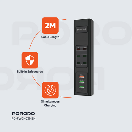The Porodo 85W Multi-Port USB Charging Hub is an efficient, powerful charger that was made for all needs regarding devices. Equipped with a 3-pin UK p