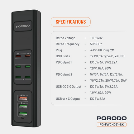 The Porodo 85W Multi-Port USB Charging Hub is an efficient, powerful charger that was made for all needs regarding devices. Equipped with a 3-pin UK p