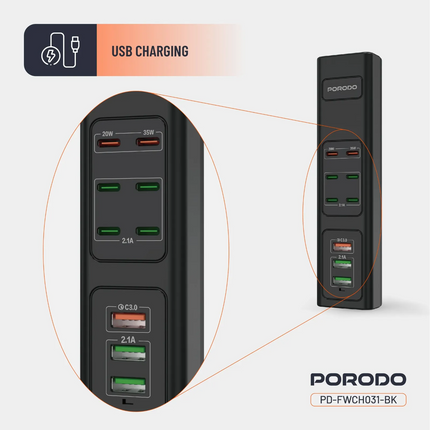 The Porodo 85W Multi-Port USB Charging Hub is an efficient, powerful charger that was made for all needs regarding devices. Equipped with a 3-pin UK p