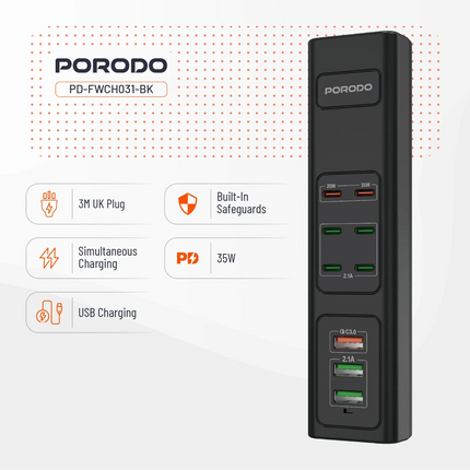 The Porodo 85W Multi-Port USB Charging Hub is an efficient, powerful charger that was made for all needs regarding devices. Equipped with a 3-pin UK p