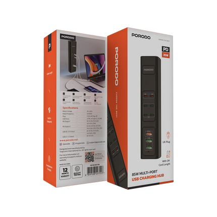 The Porodo 85W Multi-Port USB Charging Hub is an efficient, powerful charger that was made for all needs regarding devices. Equipped with a 3-pin UK p