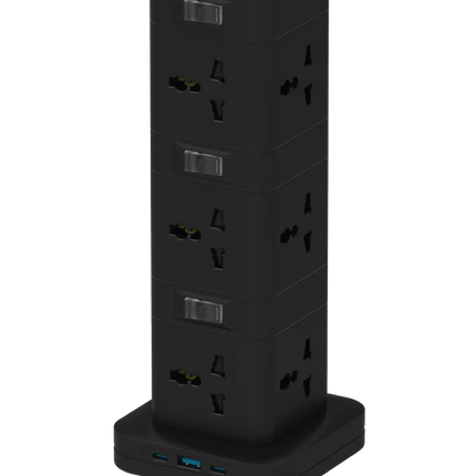 The Porodo Three-Story 12AC Power Hub With USB-C PD &amp; Quick Charge 3.0-Black is a high-capacity power solution optimized for all convenience and e
