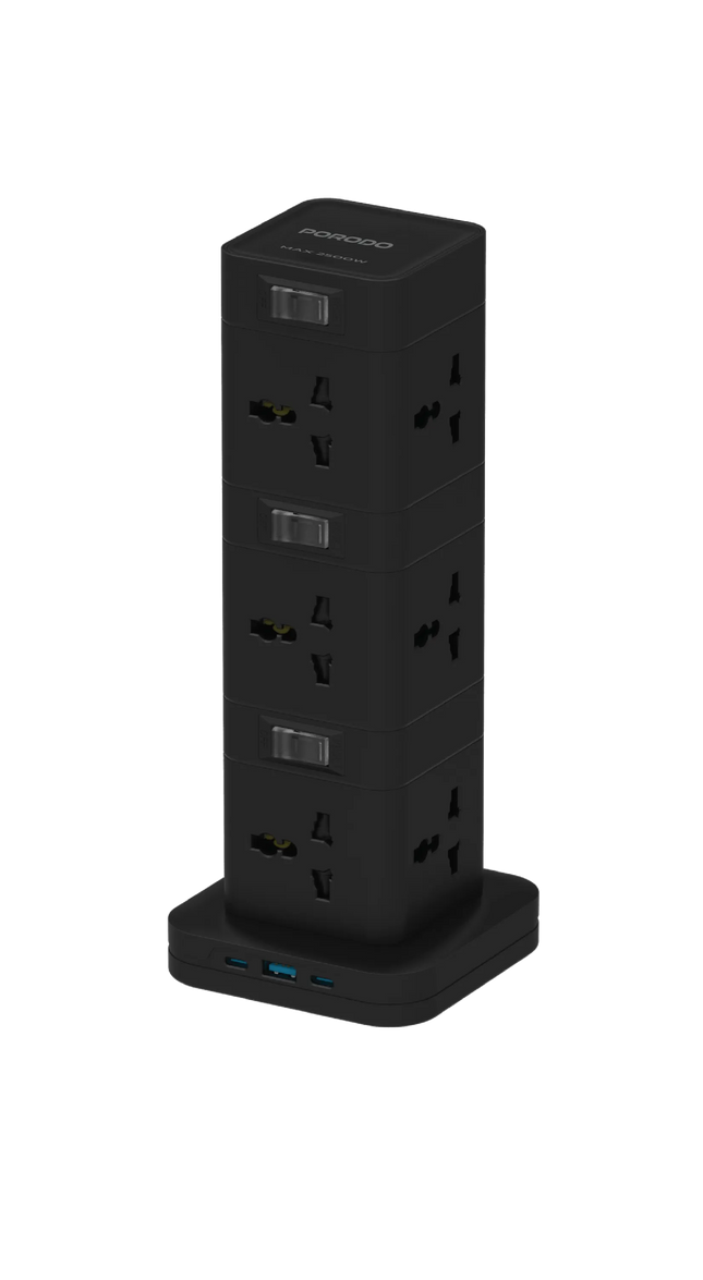 The Porodo Three-Story 12AC Power Hub With USB-C PD &amp; Quick Charge 3.0-Black is a high-capacity power solution optimized for all convenience and e