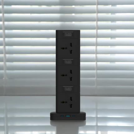 The Porodo Three-Story 12AC Power Hub With USB-C PD &amp; Quick Charge 3.0-Black is a high-capacity power solution optimized for all convenience and e
