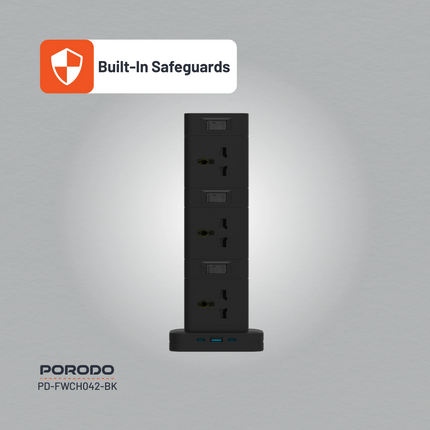 The Porodo Three-Story 12AC Power Hub With USB-C PD &amp; Quick Charge 3.0-Black is a high-capacity power solution optimized for all convenience and e