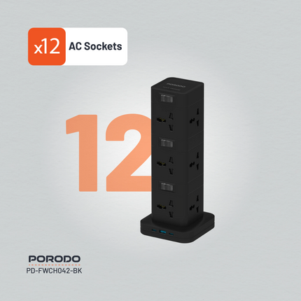 The Porodo Three-Story 12AC Power Hub With USB-C PD &amp; Quick Charge 3.0-Black is a high-capacity power solution optimized for all convenience and e