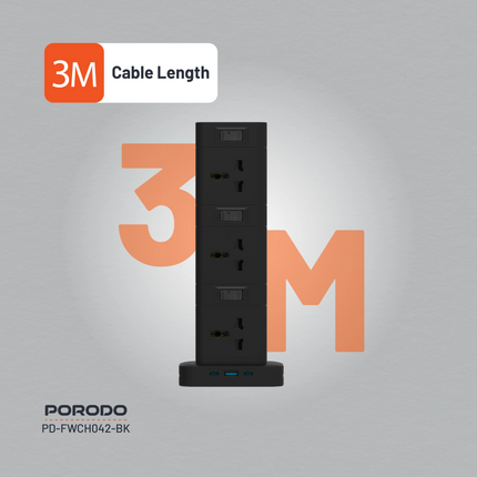 The Porodo Three-Story 12AC Power Hub With USB-C PD &amp; Quick Charge 3.0-Black is a high-capacity power solution optimized for all convenience and e