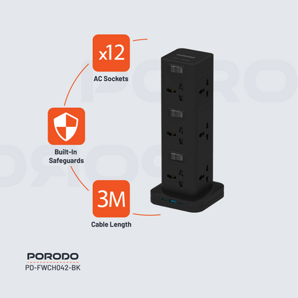 The Porodo Three-Story 12AC Power Hub With USB-C PD &amp; Quick Charge 3.0-Black is a high-capacity power solution optimized for all convenience and e