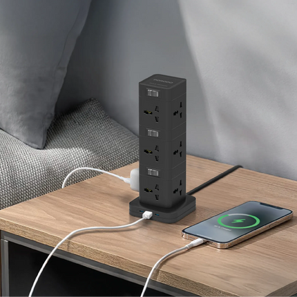The Porodo Three-Story 12AC Power Hub With USB-C PD &amp; Quick Charge 3.0-Black is a high-capacity power solution optimized for all convenience and e