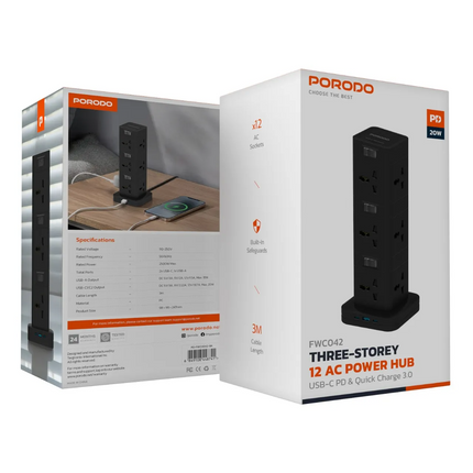 The Porodo Three-Story 12AC Power Hub With USB-C PD &amp; Quick Charge 3.0-Black is a high-capacity power solution optimized for all convenience and e