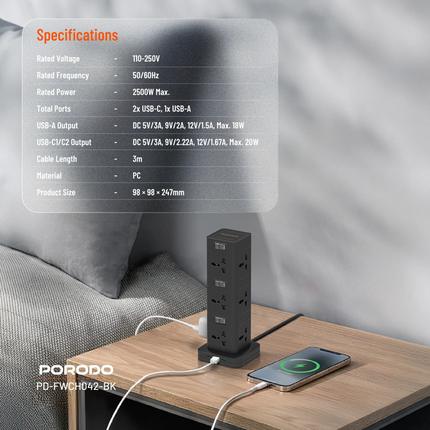 The Porodo Three-Story 12AC Power Hub With USB-C PD &amp; Quick Charge 3.0-Black is a high-capacity power solution optimized for all convenience and e