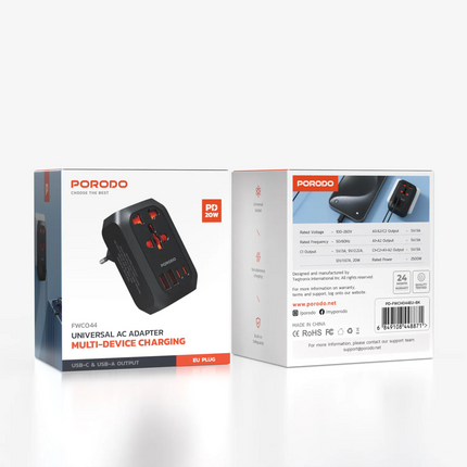 The Porodo Universal AC Adapter is a versatile and efficient charging solution that can serve almost all the devices of modern multi-device users. It 