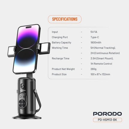 With the Porodo Face Tracking Smart Mount, all your content-creation endeavors can be simple and hands-free. The 1800mAh battery keeps you tracking fa