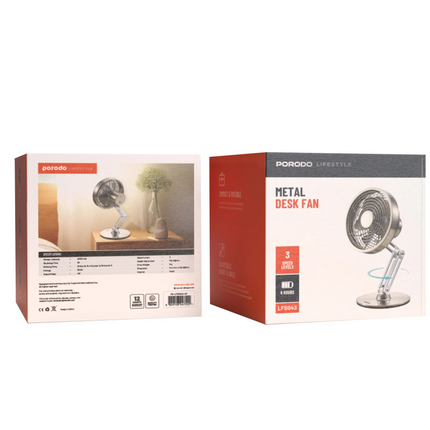 The Porodo Lifestyle Metal Desk Fan provides powerful, portable cooling with its sleek metal design, which is durable and fashionable. With its rechar