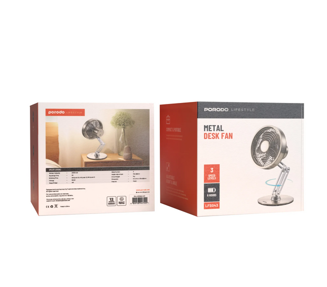 The Porodo Lifestyle Metal Desk Fan provides powerful, portable cooling with its sleek metal design, which is durable and fashionable. With its rechar