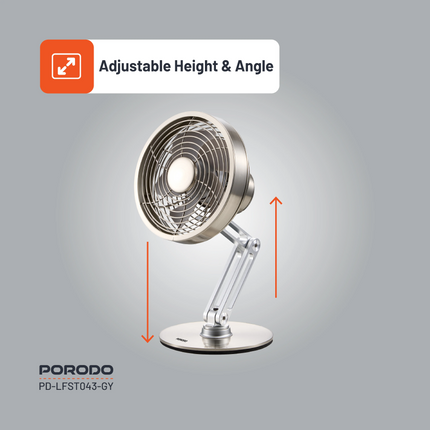 The Porodo Lifestyle Metal Desk Fan provides powerful, portable cooling with its sleek metal design, which is durable and fashionable. With its rechar