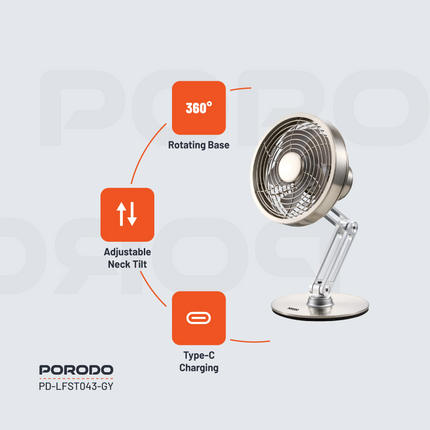 The Porodo Lifestyle Metal Desk Fan provides powerful, portable cooling with its sleek metal design, which is durable and fashionable. With its rechar