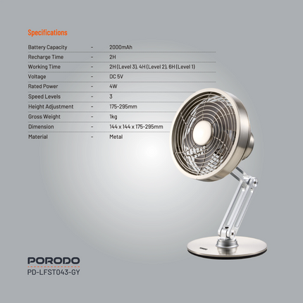 The Porodo Lifestyle Metal Desk Fan provides powerful, portable cooling with its sleek metal design, which is durable and fashionable. With its rechar